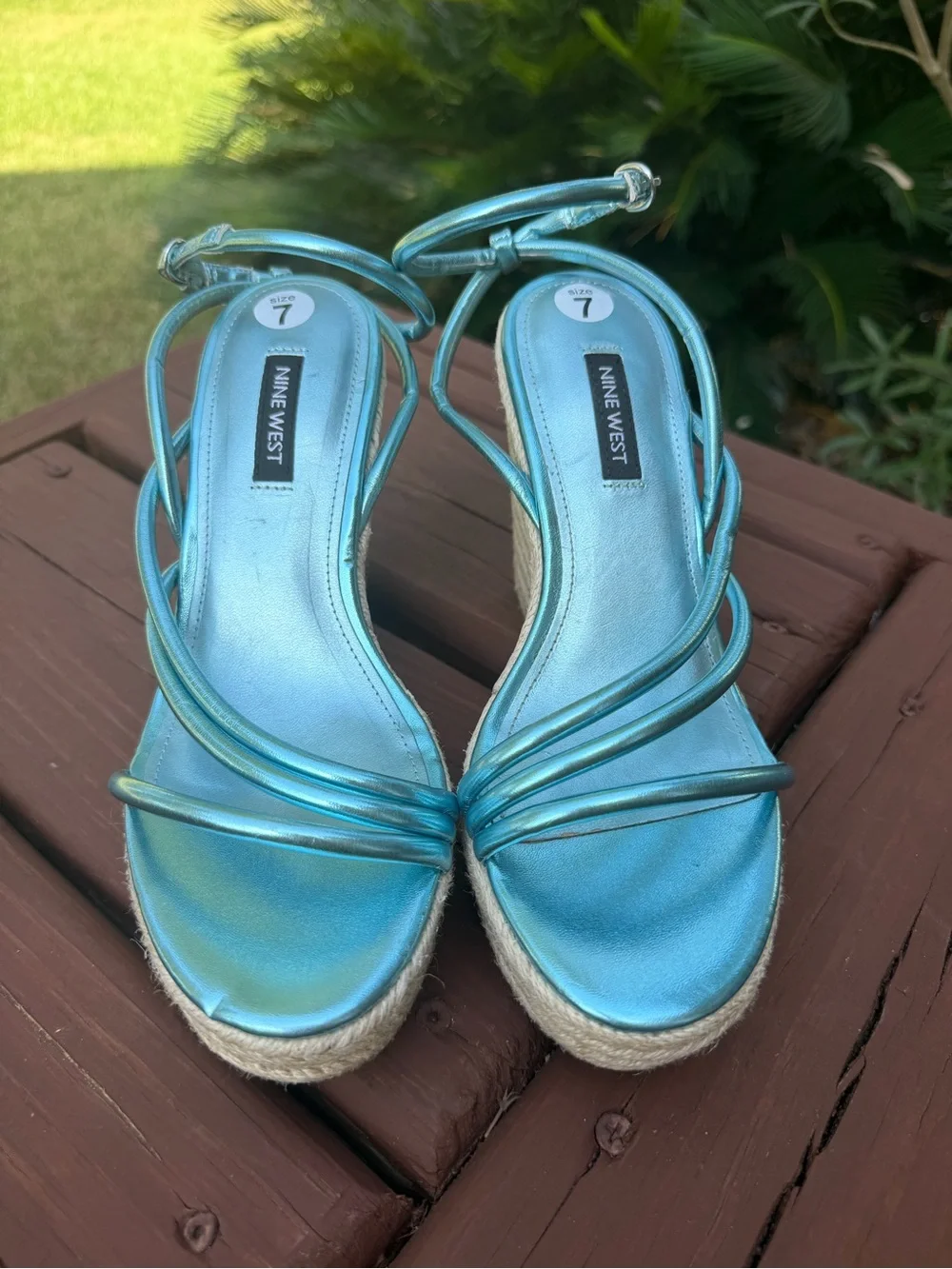 Nine West Hipsta3 Metallic Blue Espadrille Wedge Sandals Size 7 $109